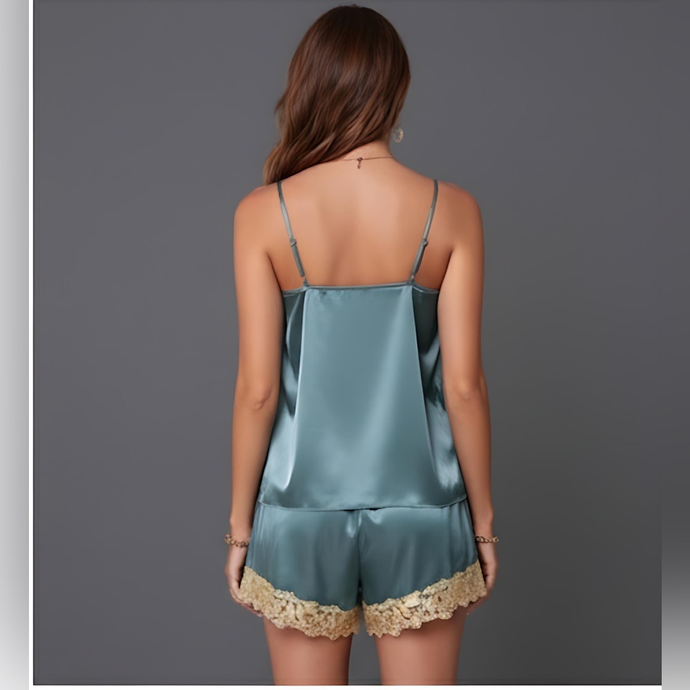 Lace Trim Satin PJ Set / Pyjama Short Set Dusty Blue - Picture 3 of 6